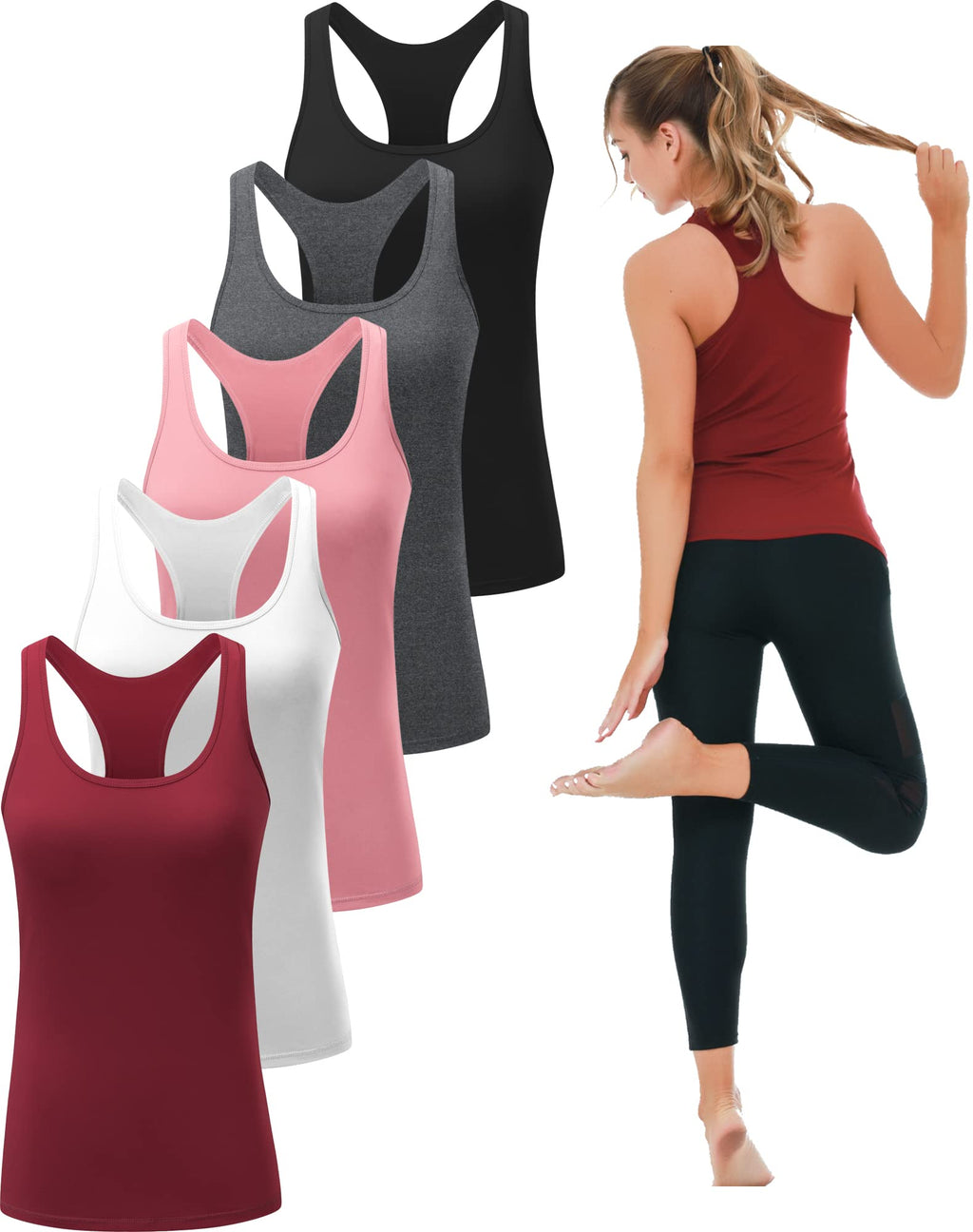 6 or 5 Pack Workout Tank Tops for Women, Athletic Racerback Sports Tank Tops, Compression Sleeveless Dry Fit Shirts
