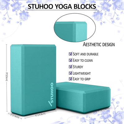 STUHOO Yoga Blocks 2 pack and Yoga Strap Includes Descriptive E-book for Beginners Sturdy Yoga Brick & Lightweight Eva Foam Block Support Deepen Poses, Provides Strength & Stability for Pilates Practice