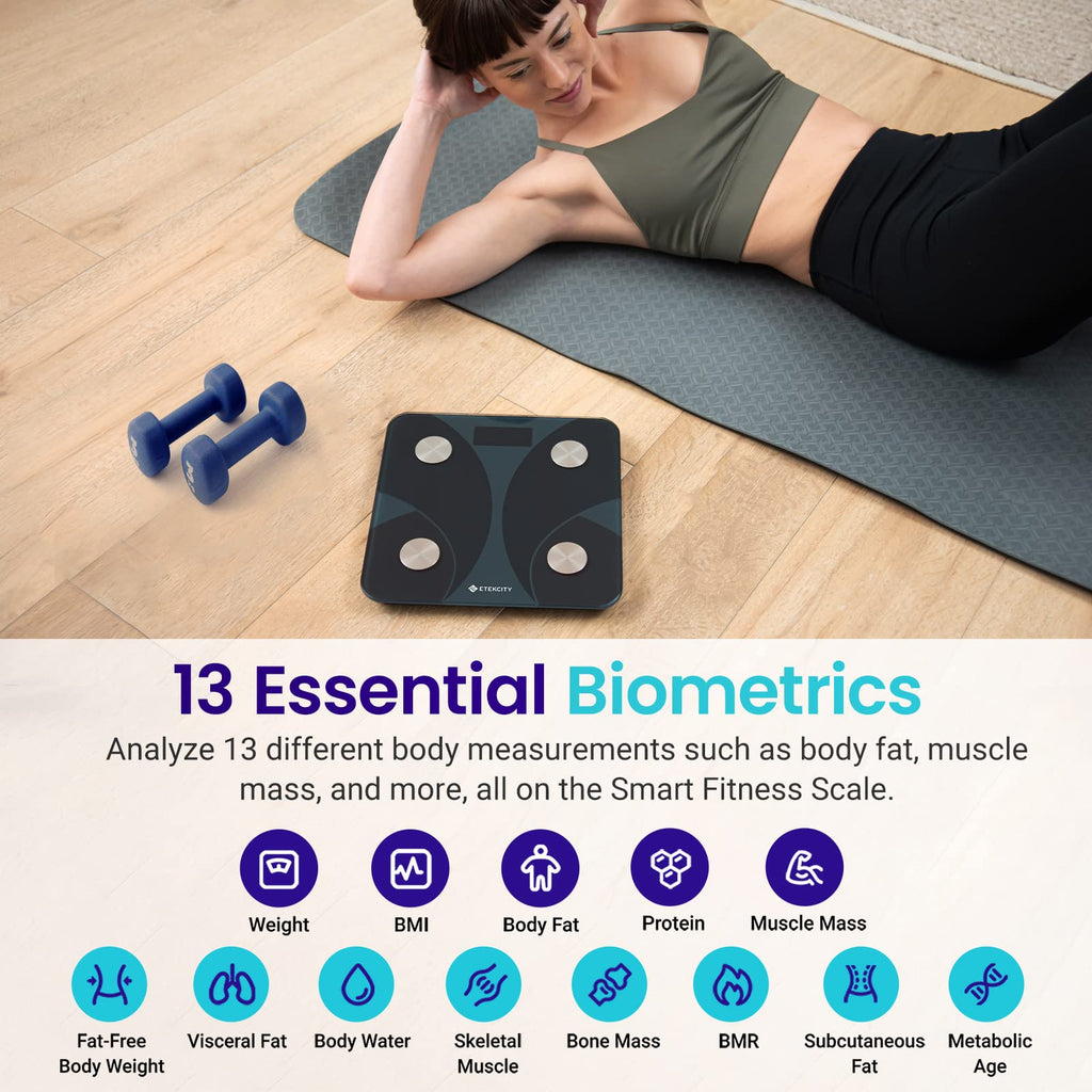 Etekcity Smart Rechargeable Scale for Body Weight, BMI, Fat, Muscle Mass, FSA&HSA Eligible, Digital Bathroom Scale with 13 Metrics, Secret Mode, Bluetooth Connect to Free Apps, Rainbow White