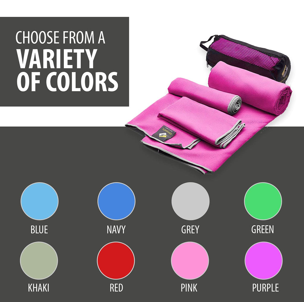 OlimpiaFit Quick Dry Towel - 3 Size Pack of Lightweight Microfiber Travel Towels w/Bag - Fast Drying Towel Set for Camping, Beach, Gym, Backpacking, Sports, Yoga & Swim Use