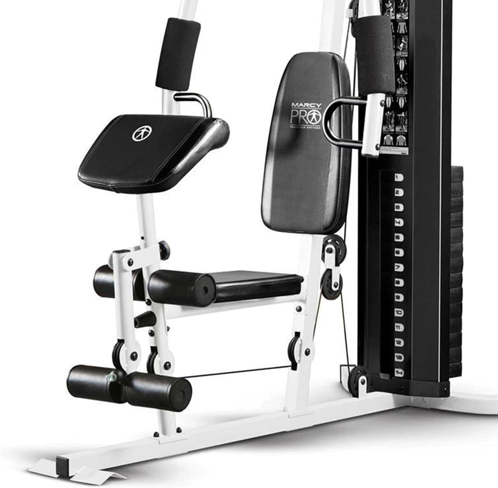 Marcy Home Gym Workout Station with Curl Pad, Lat Pulldown, Leg Developer & Weights, White