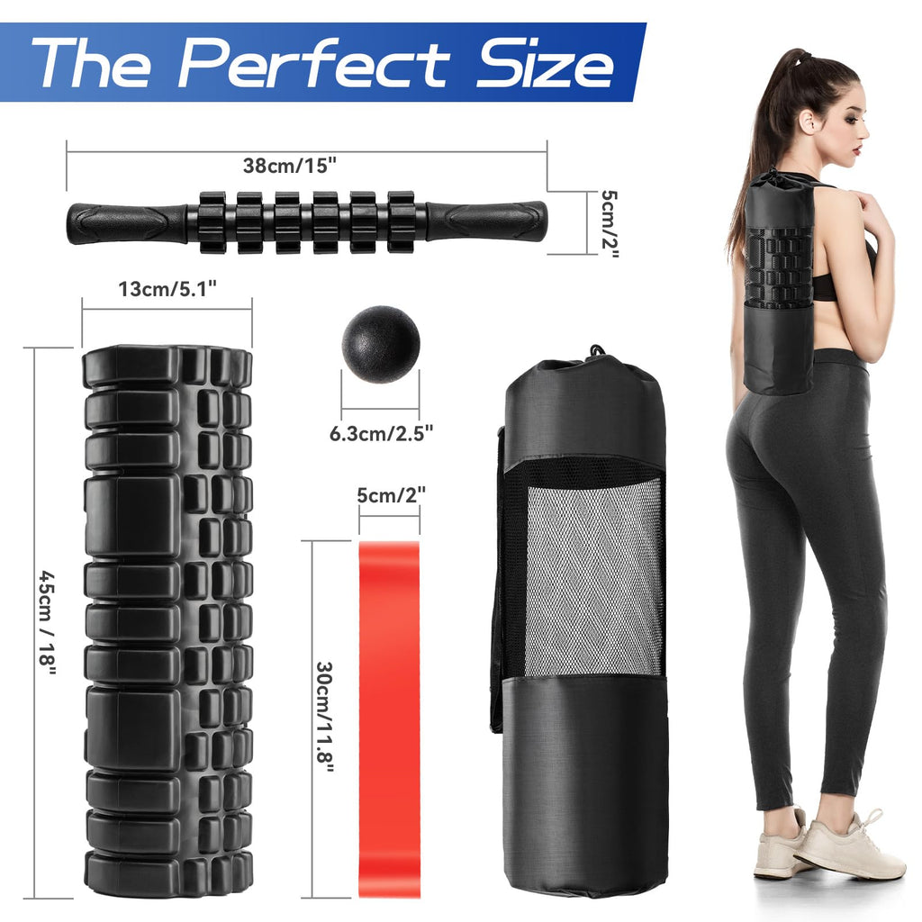 Foam Roller High Density Foam Roller Set for Deep Tissue Muscle Massage, 18" Trigger Point Fitness Exercise Massage Roller, Self-Myofascial Release for Whole Body (Black-18(2 in 1))
