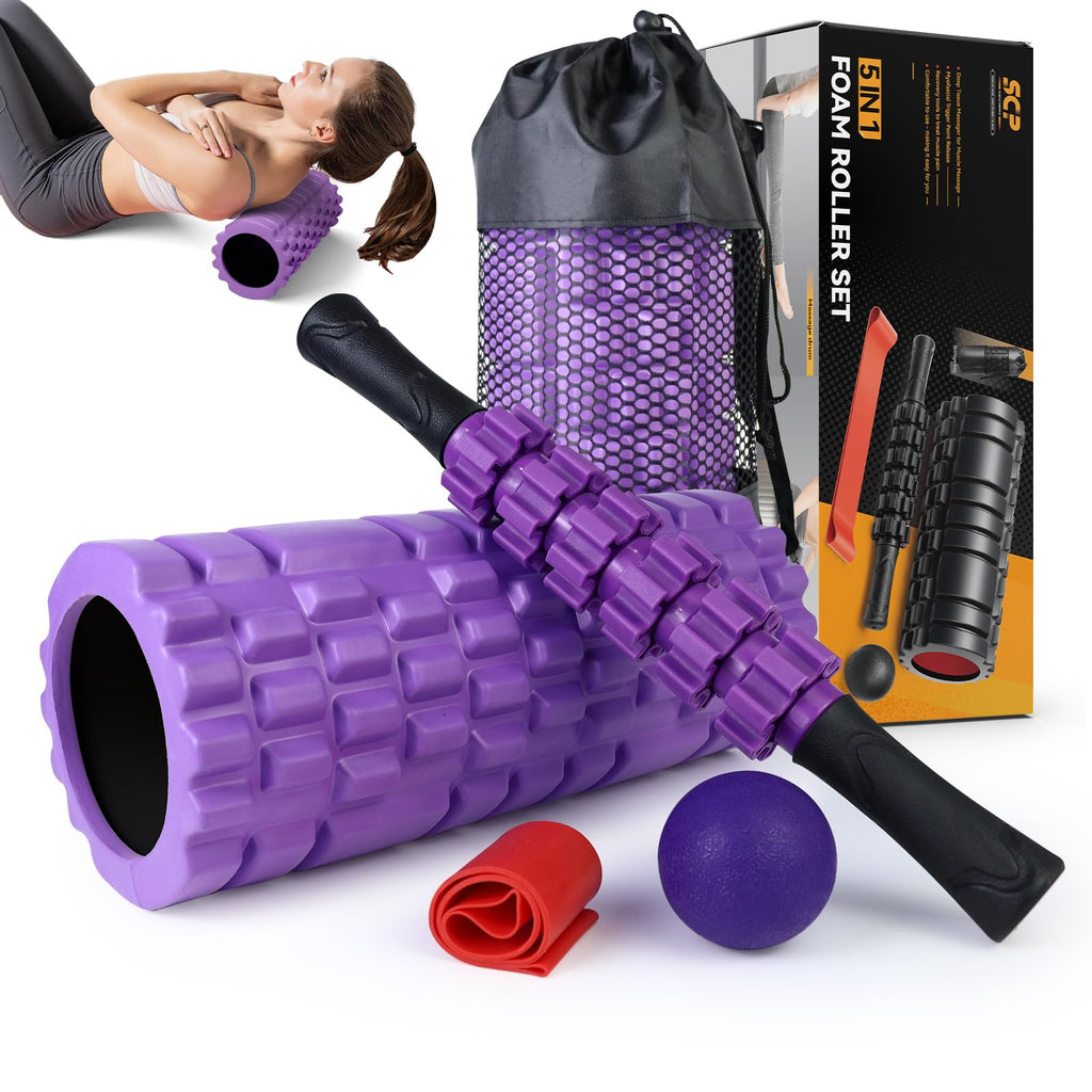 5 in1 Foam Roller Set, Trigger Point Foam Roller, Massage Roller Stick, Massage Ball, Resistance Band for Deep Muscle Massage Pilates Yoga,Fitness Exercise for Whole Body (Black-Red)