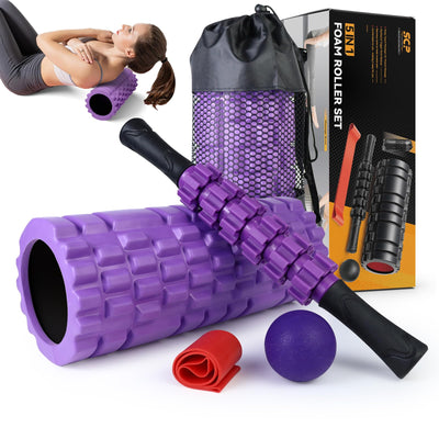 5 in1 Foam Roller Set, Trigger Point Foam Roller, Massage Roller Stick, Massage Ball, Resistance Band for Deep Muscle Massage Pilates Yoga,Fitness Exercise for Whole Body (Black-Red)