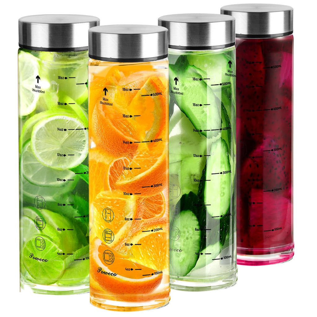 Glass Juice Bottles 4 Pack 20 oz - Wide Mouth Glass Water Bottles with Lids - for Juicing, Protein, Smoothie, Milk, Reusable, BPA Free, Stainless Steel Lids, Blender, Shaker Bottle (20oz/600ml)