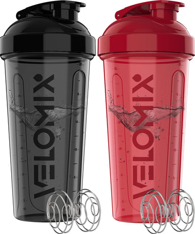 VELOMIX -2 Pack- 28 oz Protein Shaker Bottles for Protein Mixes - 2x Wire Whisk | Leak Proof Shaker Cups for Protein Shakes | Protein Shaker Bottle Pack (Black/Transparent)