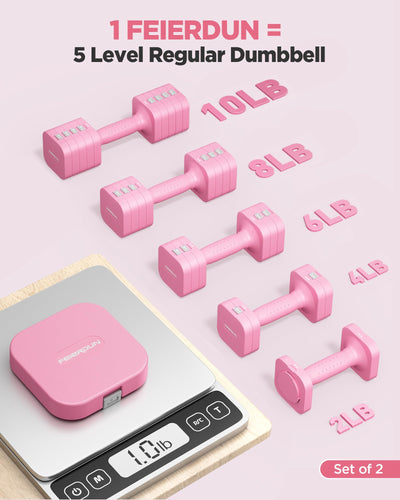 FEIERDUN 5-in-1 Adjustable Dumbbell Set of 2, 20LBS/10LBS Hand Weights for Women, 1s-Adjust Dual-Stable Dumbbell Set for Women Home Gym & Outdoor