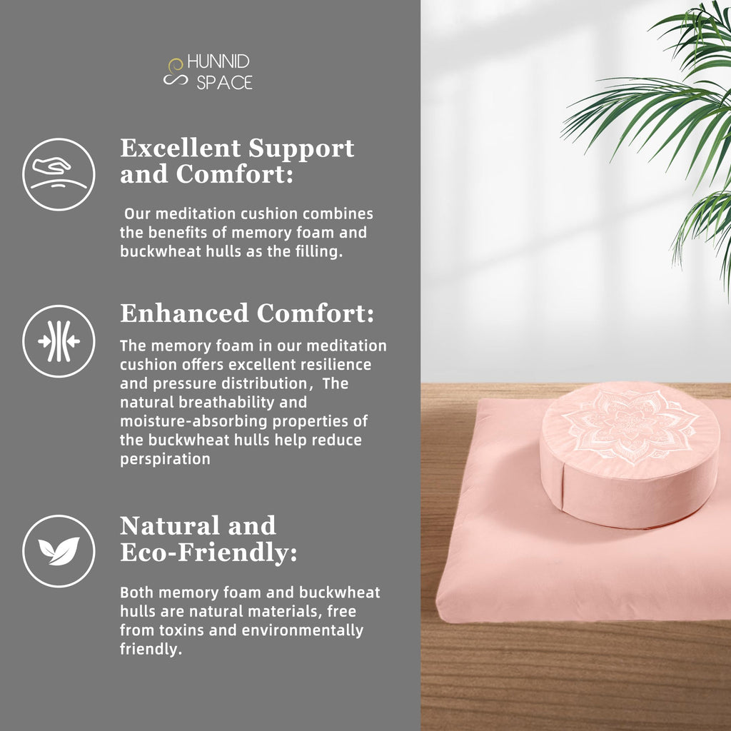 Meditation Zafu Cushion Set with Buckwheat Hulls & Memory Foam - Ergonomic Support for Yoga & Sitting - Removable Machine-Washable Luxury Velvet Cover - for Adults and Kids (Blue)