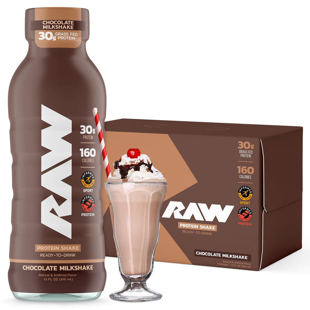 RAW Ready-to-Drink Protein Shake, Vanilla - RTD Protein Drinks with Grass-Fed Whey Protein Isolate for Post-Workout - Zero-Sugar & Gluten-Free Meal Replacement Drink & Breakfast Shake, 12 Fl Oz