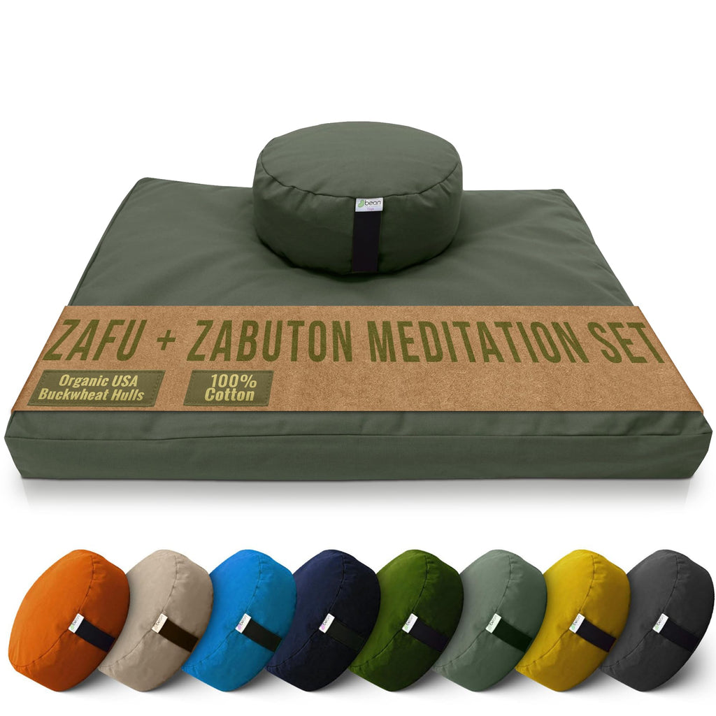 Bean Products Meditation Cushion Mat Set - Zafu Floor Pillow Organic Buckwheat Pillow + Cotton Filled Zabuton Prayer Pad - Meditation Pillow Yoga Knee Pad - Made in USA - 14" Round or 18" Oval