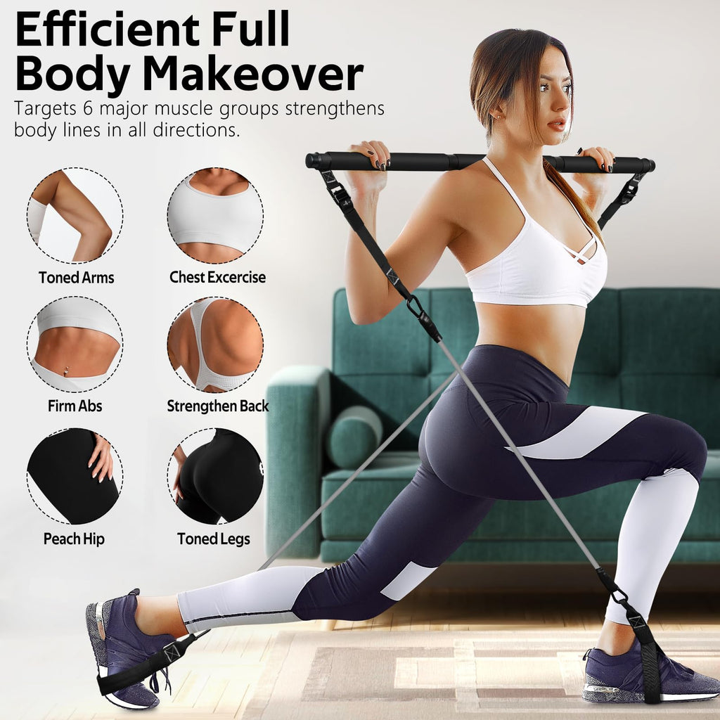 Pilates Bar Kit with Resistance Bands, Multifunctional Pilates Bar for Women & Men with Heavy-Duty Metal Adjustment Buckle, Pilates Home Equipment for Full BodyWorkouts