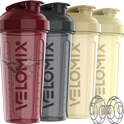 VELOMIX -4 PACK- 28 oz Protein Shaker Bottle for Protein Mixes - 4x Wire Whisk | Leak Proof Shaker Cups for Protein Shakes | Protein Shaker Bottle Pack | Protein Shake Cup (Brown)