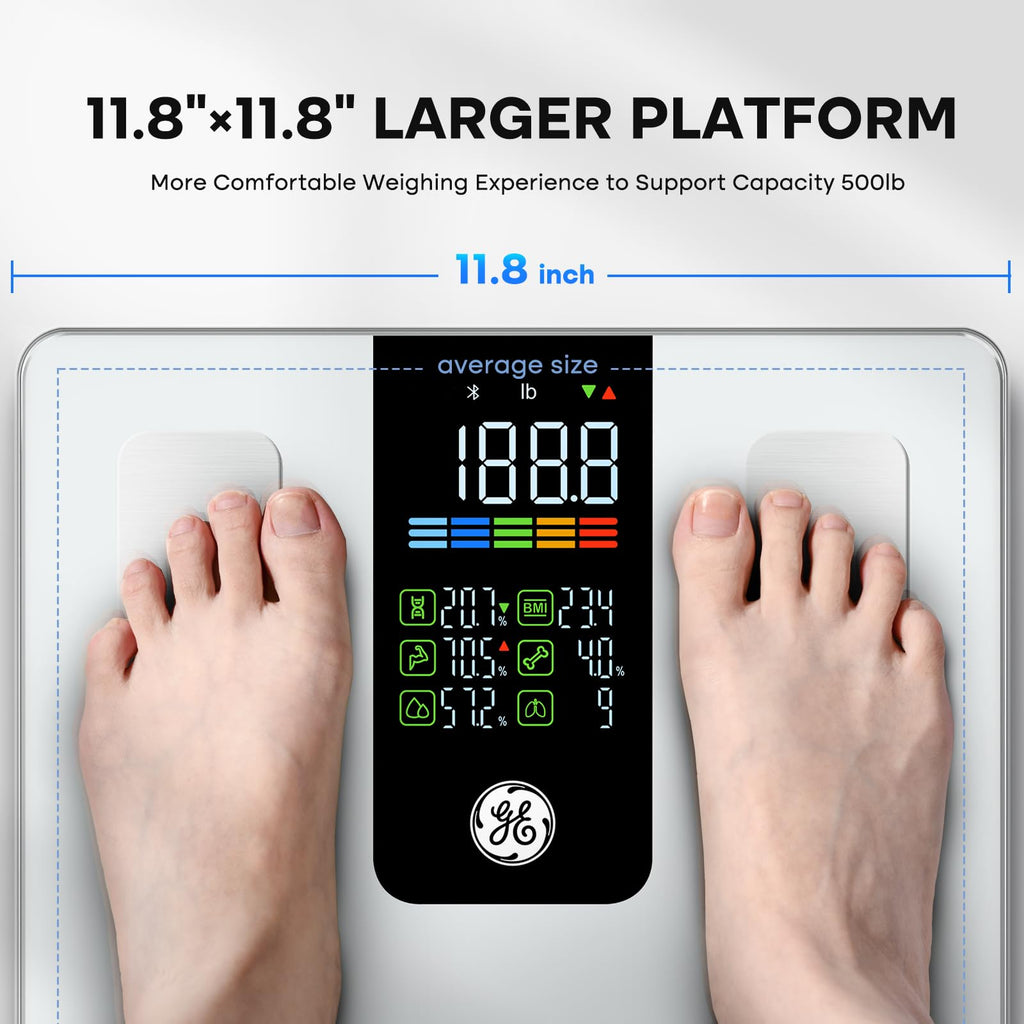 GE Smart Scale for Body Weight, BMI, Body Fat, Muscle Mass, Digital Bathroom Scales 500lbs for Bluetooth Weight Monitor 11.8" Large Platform Weighing Machine Health Analyzer with App