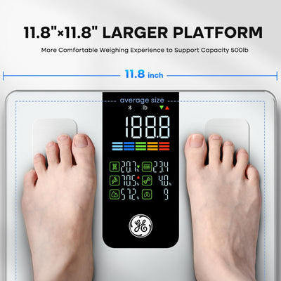 GE Smart Scale for Body Weight, BMI, Body Fat, Muscle Mass, Digital Bathroom Scales 500lbs for Bluetooth Weight Monitor 11.8" Large Platform Weighing Machine Health Analyzer with App