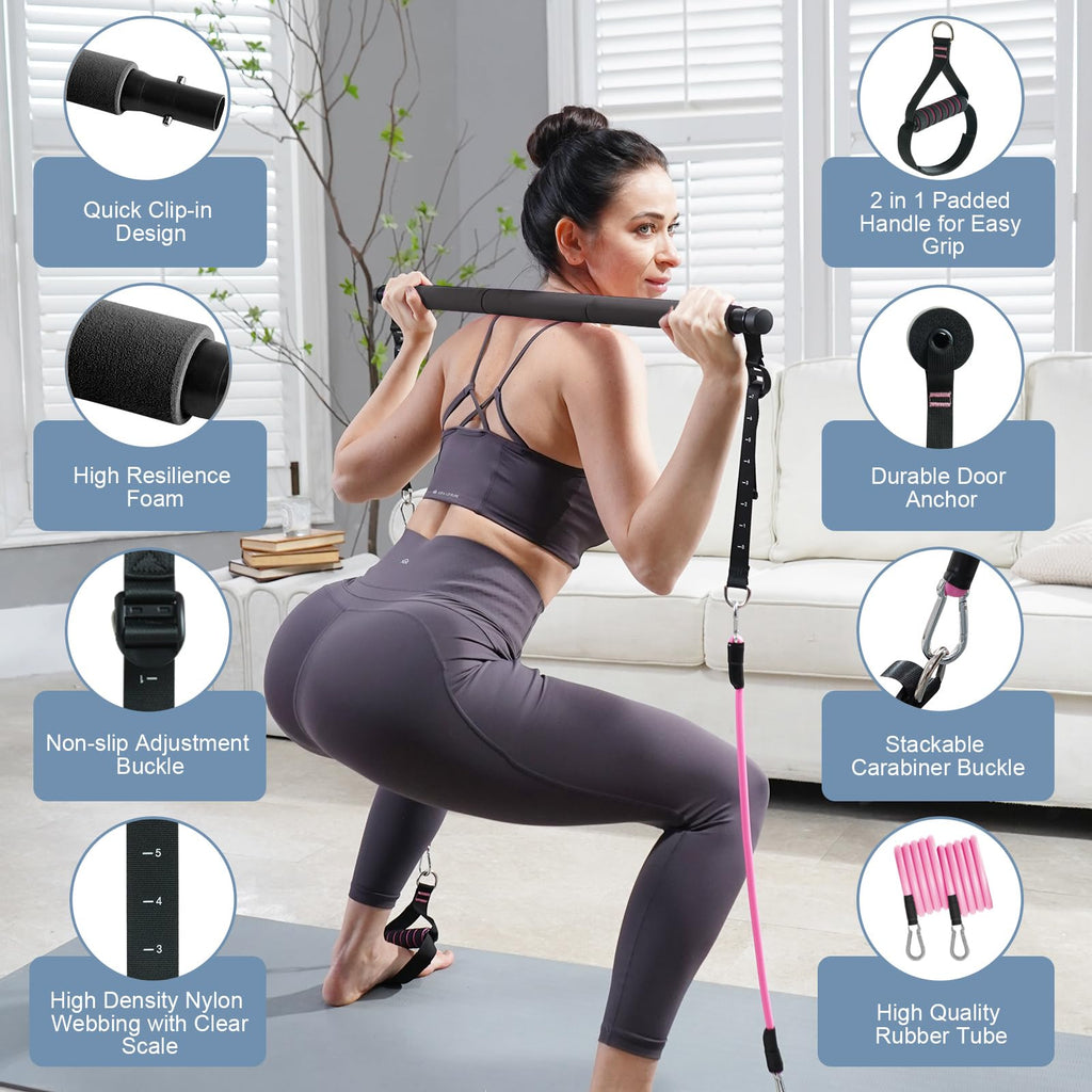 Pilates Bar Kit with Resistance Bands, Multifunctional Pilates Bar with 3 Set Exercise Resistance Bands, Portable Pilates Equipment for Women Home Gym Yoga Workouts