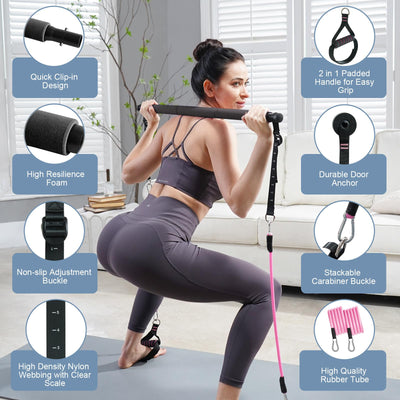 Pilates Bar Kit with Resistance Bands, Multifunctional Pilates Bar with 3 Set Exercise Resistance Bands, Portable Pilates Equipment for Women Home Gym Yoga Workouts