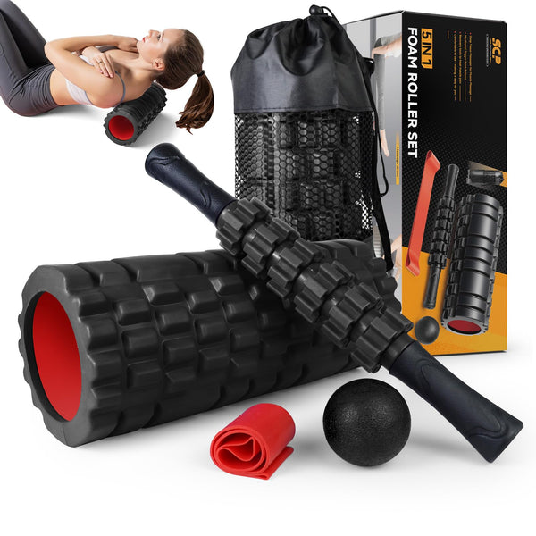 5 in1 Foam Roller Set, Trigger Point Foam Roller, Massage Roller Stick, Massage Ball, Resistance Band for Deep Muscle Massage Pilates Yoga,Fitness Exercise for Whole Body (Black-Red)