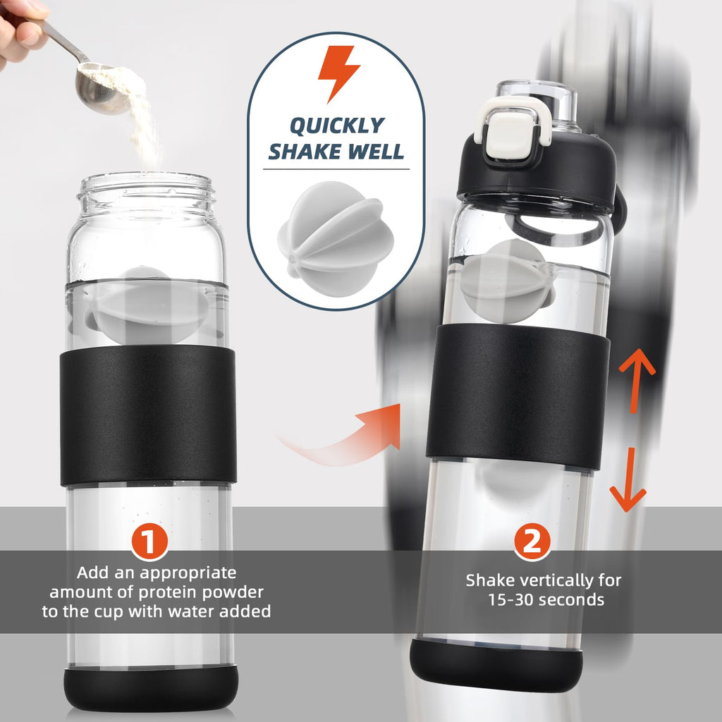Glass Water Bottle for Protein Mixes 24 oz Protein Shaker Bottles with Whisk Ball Portable Leak Proof Shaker Blender for Fitness BPA Free