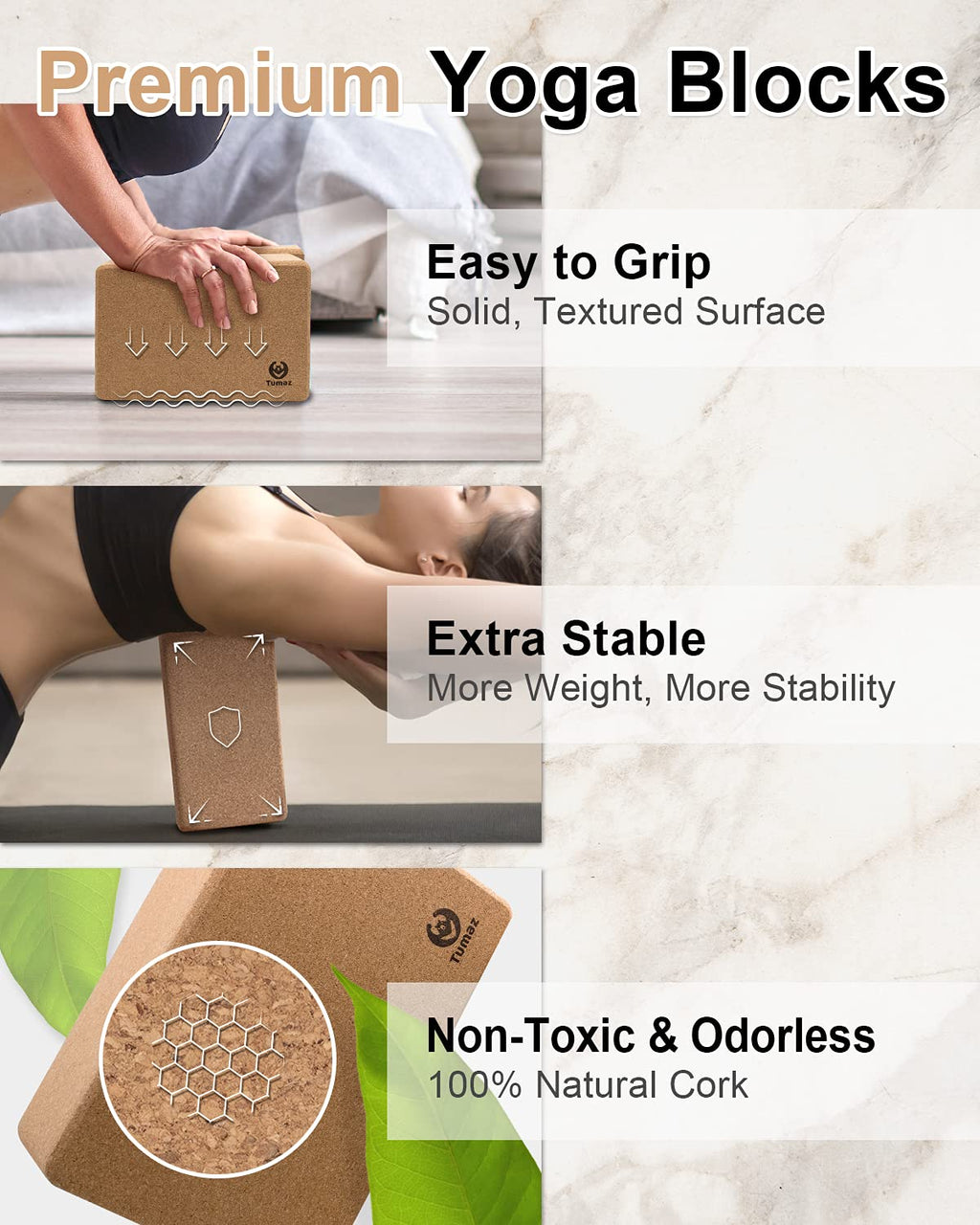 Tumaz Non-Slip Yoga Blocks 2-Pack - High Density/Lightweight EVA Foam & Natural Cork for Stability, Premium Set with E-Book Included