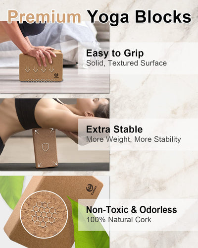 Tumaz Non-Slip Yoga Blocks 2-Pack - High Density/Lightweight EVA Foam & Natural Cork for Stability, Premium Set with E-Book Included
