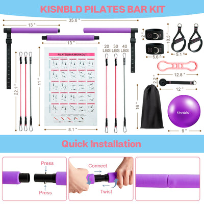 Pilates Bar Kit with Resistance Bands, Multifunctional Pilates Bar with 3 Set Exercise Resistance Bands, Portable Pilates Equipment for Women Home Gym Yoga Workouts