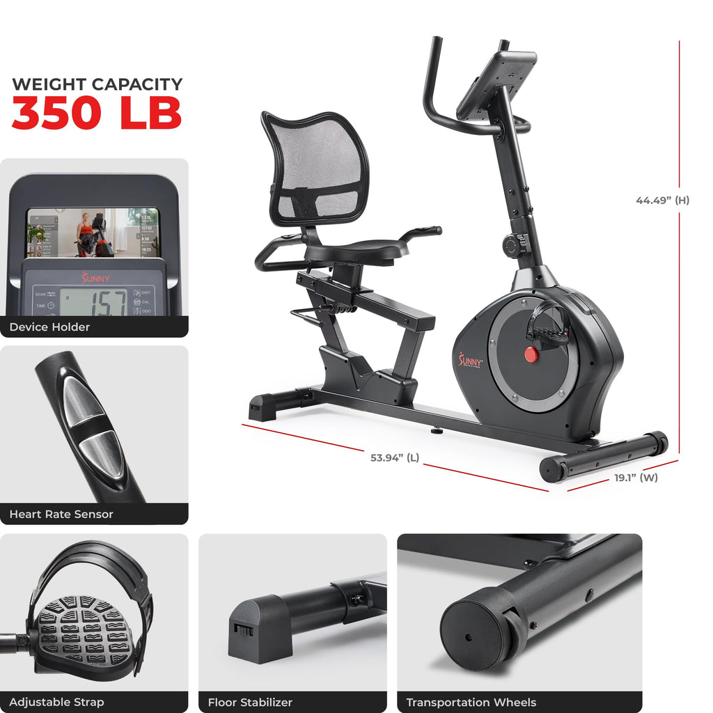 Sunny Health & Fitness Smart Heavy-Duty Recumbent Bike w/Wide Cushioned Seat & Back, Indoor Cycling Machine for Adult/Seniors Home Exercise, Free SunnyFit App Connect, Optional Workout Training Bands
