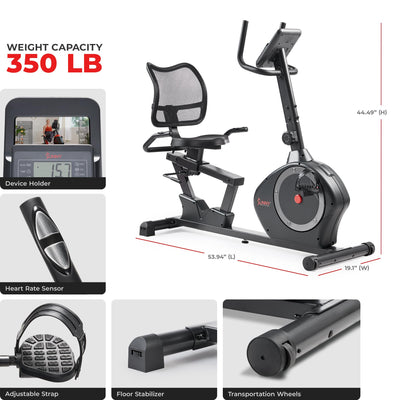 Sunny Health & Fitness Smart Heavy-Duty Recumbent Bike w/Wide Cushioned Seat & Back, Indoor Cycling Machine for Adult/Seniors Home Exercise, Free SunnyFit App Connect, Optional Workout Training Bands