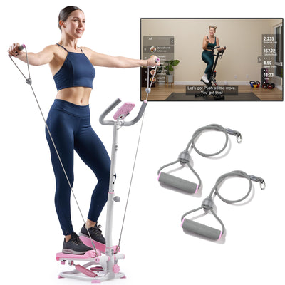 Sunny Health & Fitness Total Body 2-in-1 Smart Stepper Machine for Home with Handlebar and Resistance Bands, Total Body Workout, Adjustable Hydraulic, LCD Monitor, Non-Slip Pedals – 330 LB Max Weight