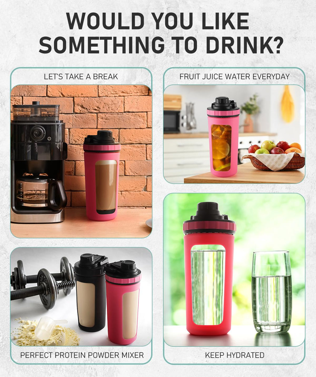 BYLWORKOUT Glass Shaker Bottle Holds upto 28oz | No Blending Ball or Whisk | Removable Plastic Mixer Included | Portable Drink Water Bottle Glass with Silicone Sleeve (White)