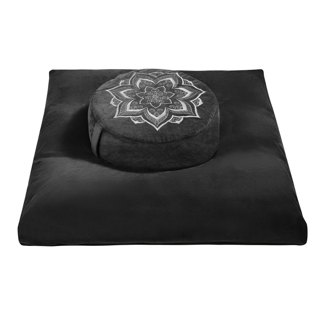 Meditation Zafu Cushion Set with Buckwheat Hulls & Memory Foam - Ergonomic Support for Yoga & Sitting - Removable Machine-Washable Luxury Velvet Cover - for Adults and Kids (Blue)