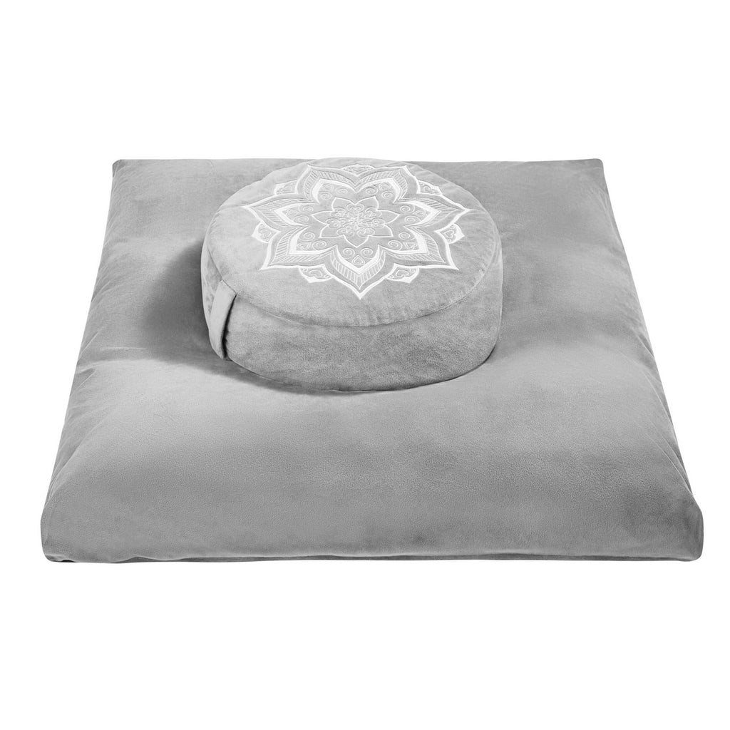 Meditation Zafu Cushion Set with Buckwheat Hulls & Memory Foam - Ergonomic Support for Yoga & Sitting - Removable Machine-Washable Luxury Velvet Cover - for Adults and Kids (Blue)