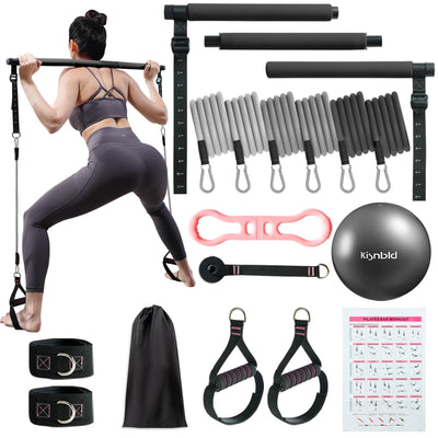 Pilates Bar Kit with Resistance Bands, Multifunctional Pilates Bar with 3 Set Exercise Resistance Bands, Portable Pilates Equipment for Women Home Gym Yoga Workouts