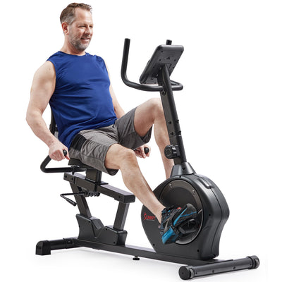 Sunny Health & Fitness Smart Heavy-Duty Recumbent Bike w/Wide Cushioned Seat & Back, Indoor Cycling Machine for Adult/Seniors Home Exercise, Free SunnyFit App Connect, Optional Workout Training Bands