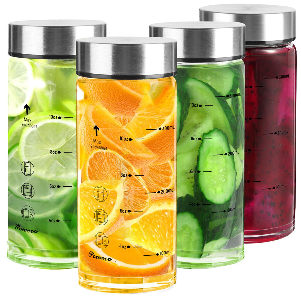 Glass Juice Bottles 4 Pack 20 oz - Wide Mouth Glass Water Bottles with Lids - for Juicing, Protein, Smoothie, Milk, Reusable, BPA Free, Stainless Steel Lids, Blender, Shaker Bottle (20oz/600ml)