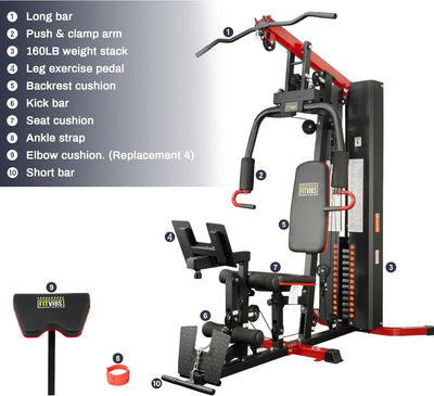 Fitvids Home Gym Equipment, Multifunctional Full Body Workout Weight Machine Station with Weight Stack, All in One Exercise Equipment with Pulley System & Seated Rowing for Home Gym Strength Training