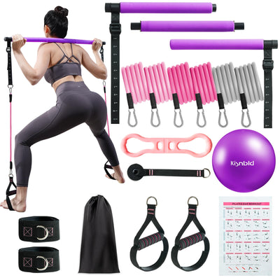 Pilates Bar Kit with Resistance Bands, Multifunctional Pilates Bar with 3 Set Exercise Resistance Bands, Portable Pilates Equipment for Women Home Gym Yoga Workouts