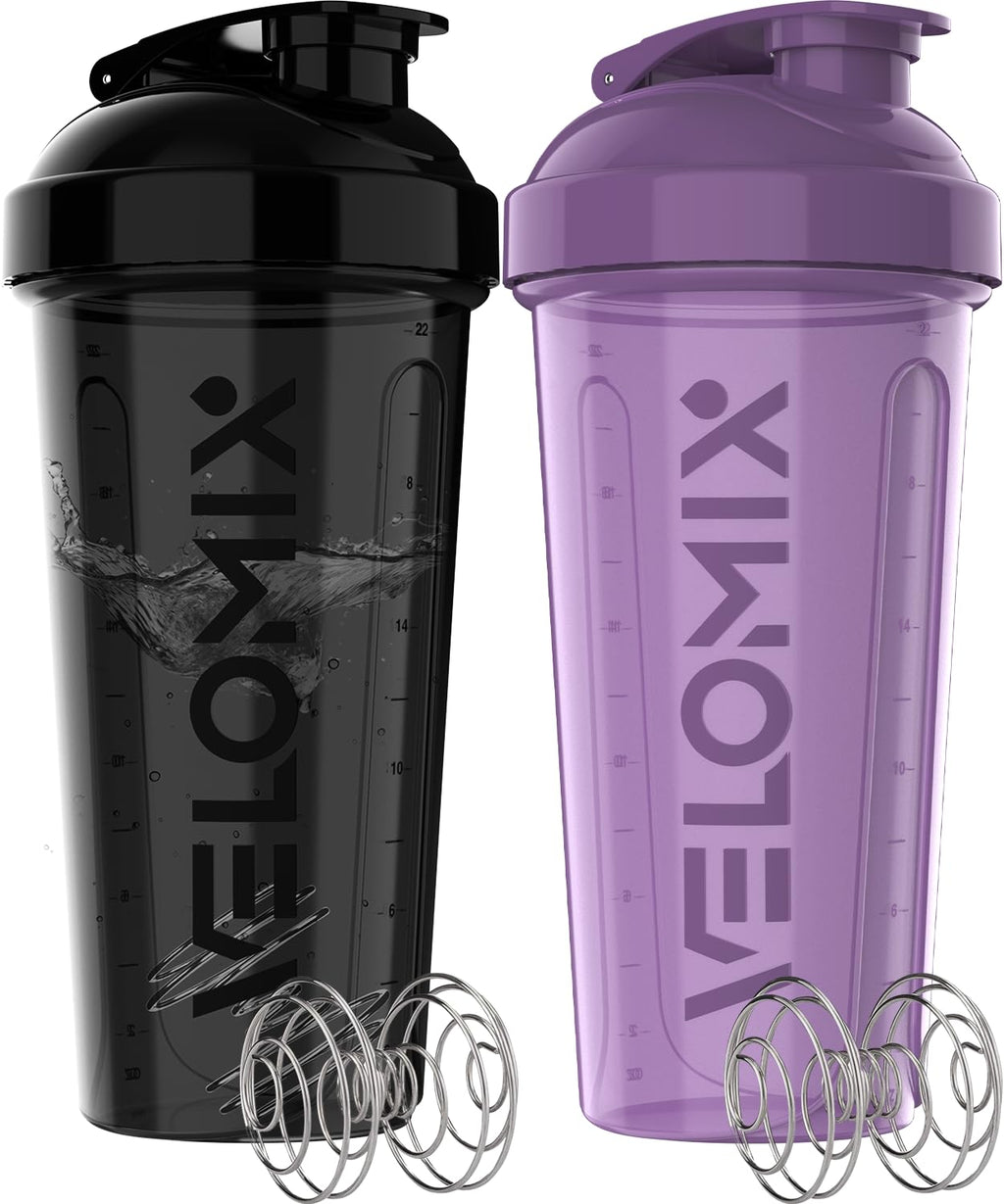 VELOMIX -2 Pack- 28 oz Protein Shaker Bottles for Protein Mixes - 2x Wire Whisk | Leak Proof Shaker Cups for Protein Shakes | Protein Shaker Bottle Pack (Black/Transparent)
