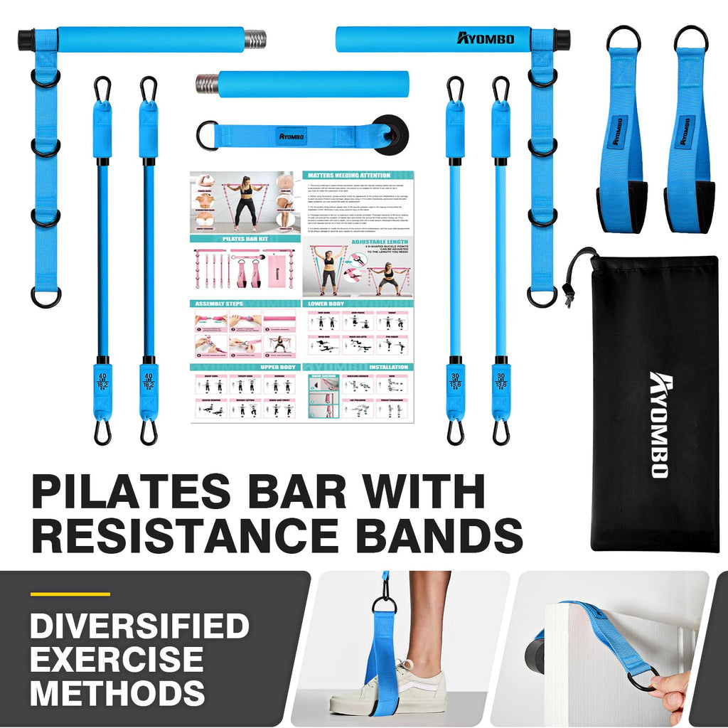 Pilates Bar Kit with Resistance Bands, Pilates Workout Equipment for Legs, Hip, Waist, Arm, Squats Exercise Equipment for Home Workouts, Adjustable 3-Section Pilates Bar Kit for Women & Men