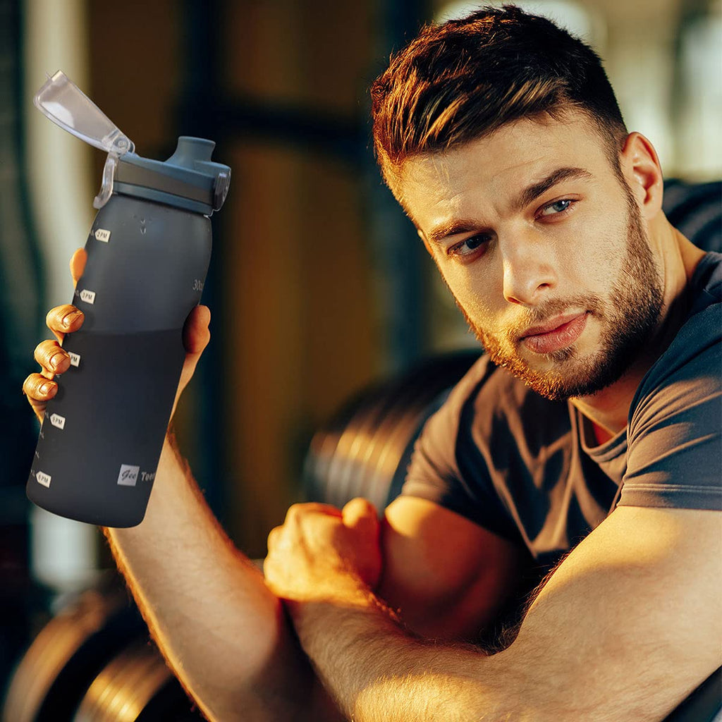 30oz Sport Water Bottle with Time Markers, Large Durable Gym Plastic Bottle Tritan BPA Free for Fitness, Outdoor Enthusiasts, Leakproof Gray (Pack of 1)