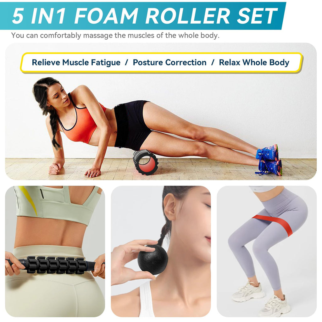 5 in1 Foam Roller Set for Deep Tissue Muscle Massage, High Density Fitness Exercise Foam Roller, Massage Roller, Massage Ball, Resistance Band, for Whole Body (Black)
