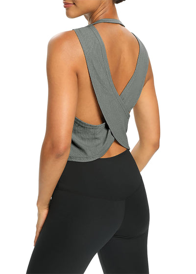 Bestisun Womens Open Back Workout Shirts Cropped Yoga Tank Tops Backless Athletic Clothes