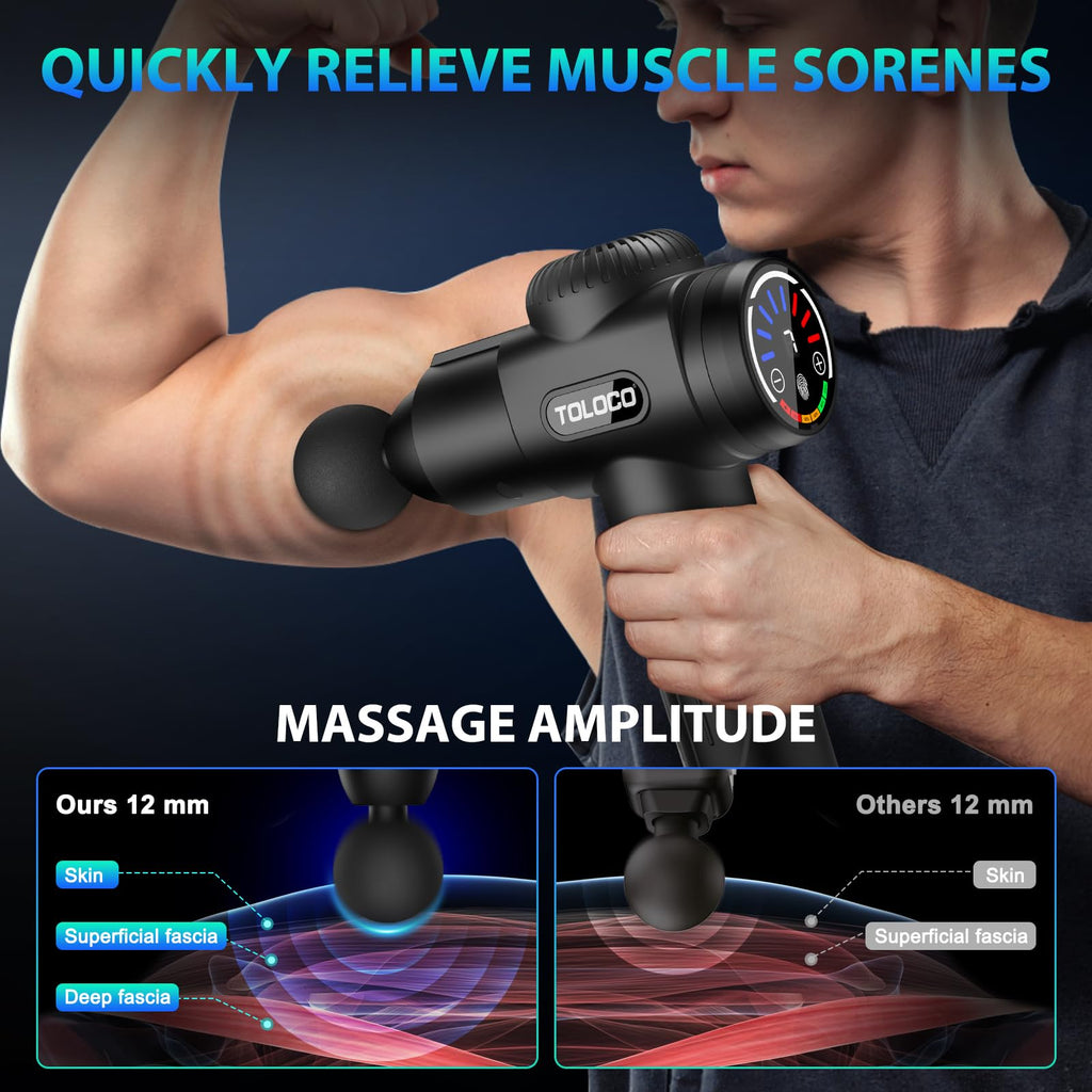 TOLOCO Massage Gun, Deep Tissue Back Massage for Athletes for Pain Relief, Percussion Massager with 10 Massages Heads & Silent Brushless Motor, Gifts for Fathers Day, Black