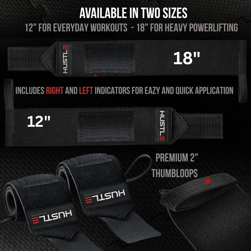 Hustle Athletics Wrist Wraps for Weightlifting - 18" & 12" Premium Wrist Support Weight Lifting Wraps to Lift Heavier & Train Harder - Heavy Duty Powerlifting & Bench Press Gym Straps for Men & Women
