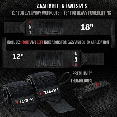 Hustle Athletics Wrist Wraps for Weightlifting - 18" & 12" Premium Wrist Support Weight Lifting Wraps to Lift Heavier & Train Harder - Heavy Duty Powerlifting & Bench Press Gym Straps for Men & Women
