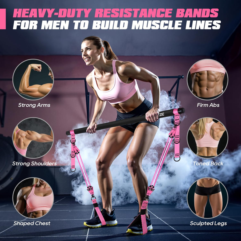 Pilates Bar Kit with Resistance Bands, Heavy Duty Pilates Equipment for Men, Strength Training Bar for Legs, Hip, Back, Arm, Abs, Chest, Shoulders, Portable Home Gym Full Body Workout Equipment
