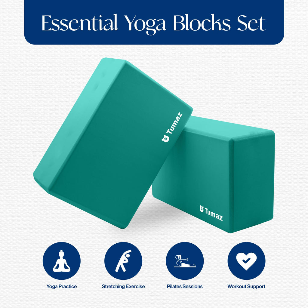 Tumaz Non-Slip Yoga Blocks 2-Pack - High Density/Lightweight EVA Foam & Natural Cork for Stability, Premium Set with E-Book Included