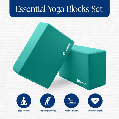 Tumaz Non-Slip Yoga Blocks 2-Pack - High Density/Lightweight EVA Foam & Natural Cork for Stability, Premium Set with E-Book Included