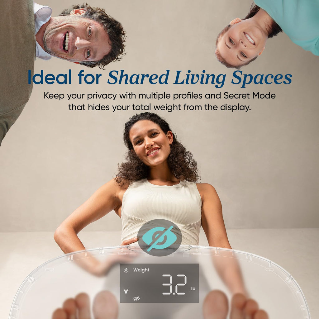 Etekcity Smart Rechargeable Scale for Body Weight, BMI, Fat, Muscle Mass, FSA&HSA Eligible, Digital Bathroom Scale with 13 Metrics, Secret Mode, Bluetooth Connect to Free Apps, Rainbow White