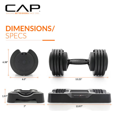 CAP Barbell ADJUSTABELL Adjustable Round Dumbbell Weights - Singles & Pairs | 12.5 lb, 25 lb & 55 lb | Multiple Handle Options