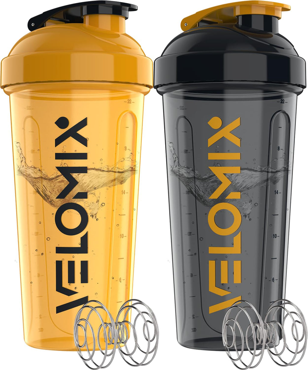 VELOMIX -2 Pack- 28 oz Protein Shaker Bottles for Protein Mixes - 2x Wire Whisk | Leak Proof Shaker Cups for Protein Shakes | Protein Shaker Bottle Pack (Black/Transparent)